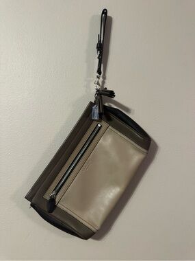 Coach Two-Tone Leather Wristlet in Taupe and Dark Brown
